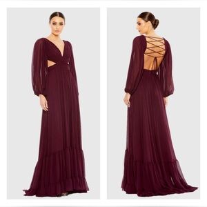 Mac Duggal 67948 NWT Plum Pleated Cut Out Long Sleeve Lace Up Tiered Gown